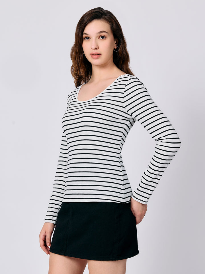 White U Neck Stripe Tshirt