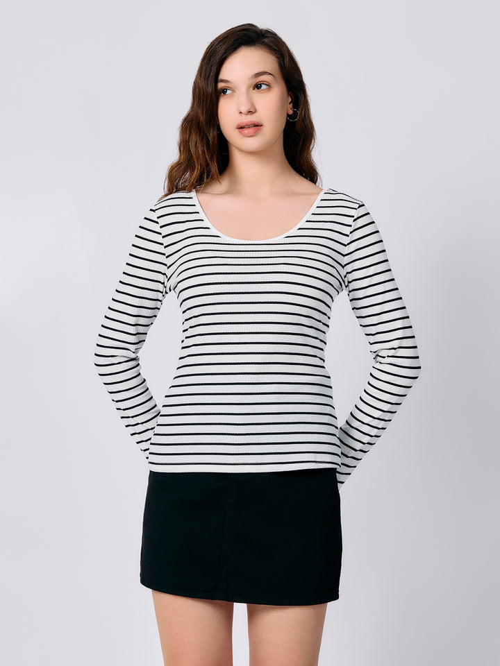 White U Neck Stripe Tshirt