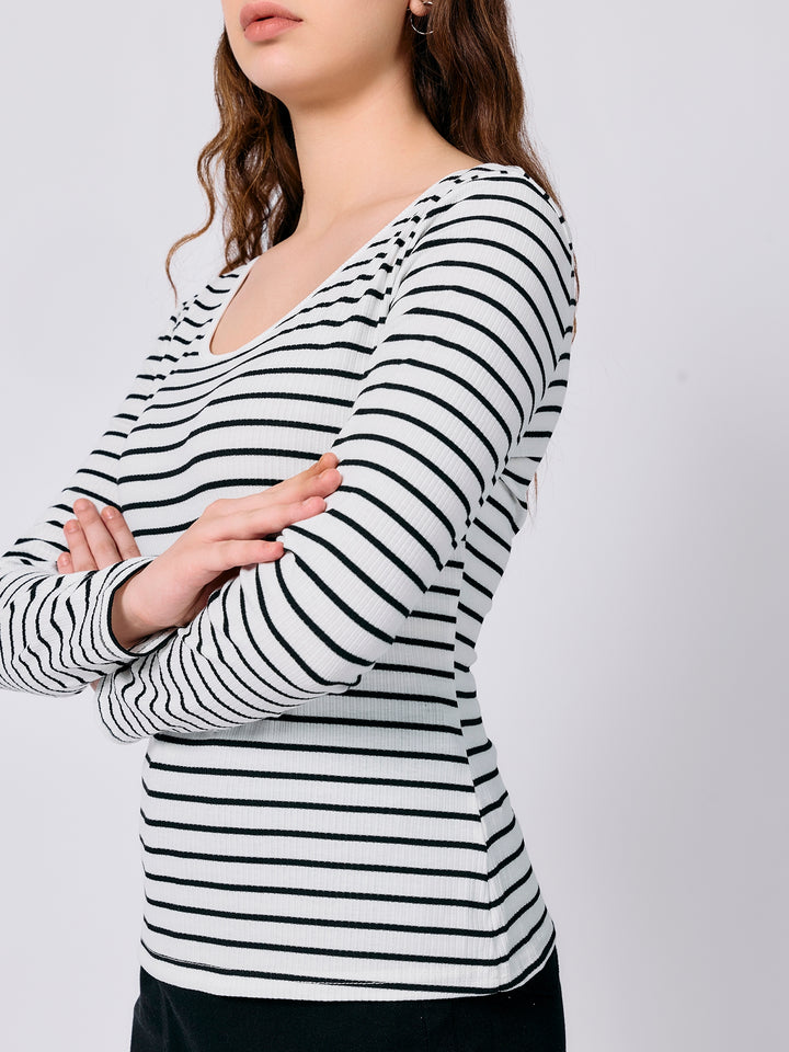 White U Neck Stripe Tshirt