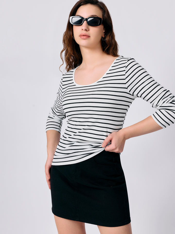 White U Neck Stripe Tshirt