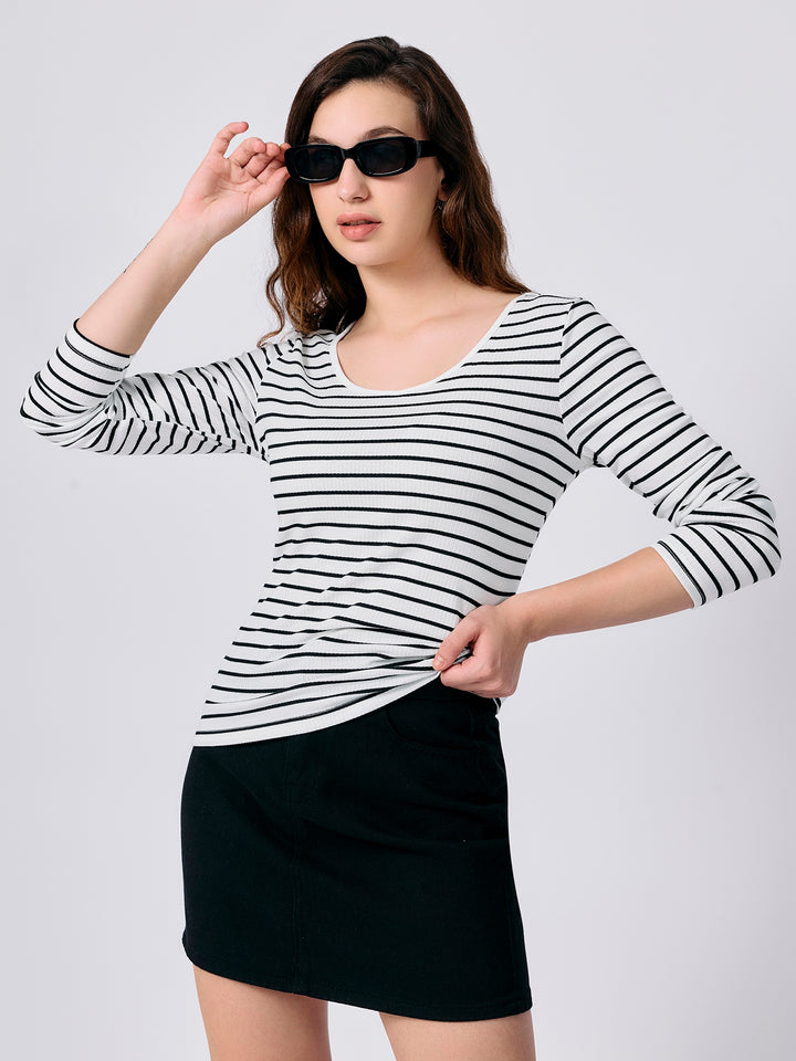 White U Neck Stripe Tshirt