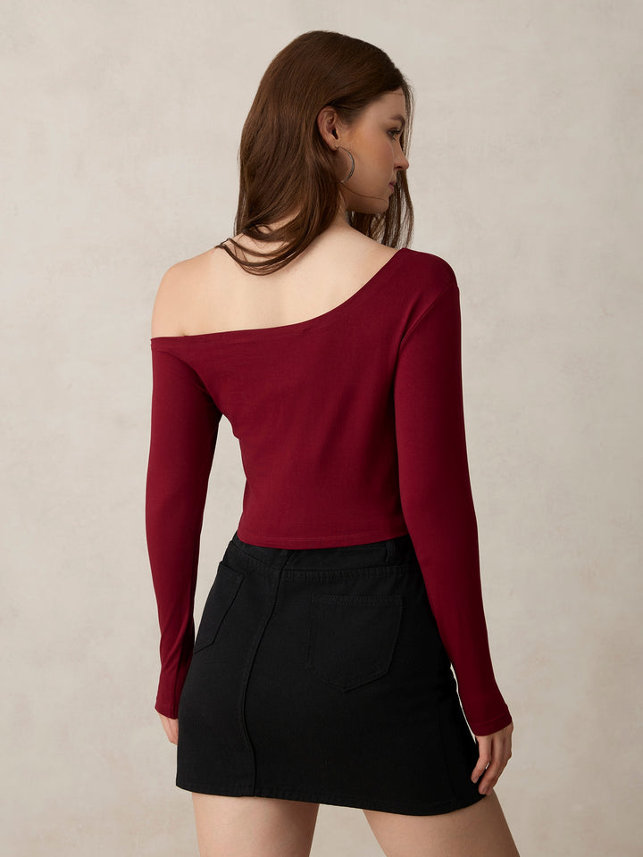 Maroon One Side Off-Shoulder Top
