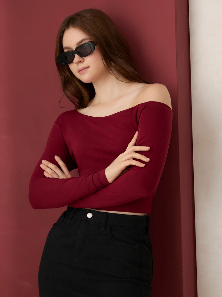 Maroon One Side Off-Shoulder Top