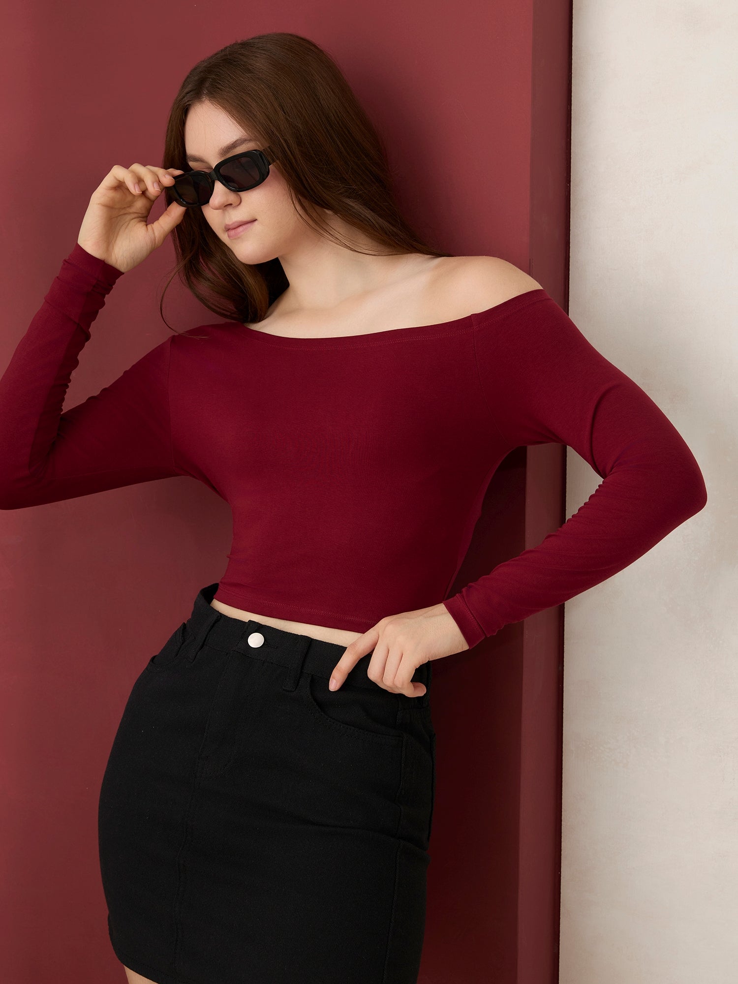 Maroon One Side Off-Shoulder Top