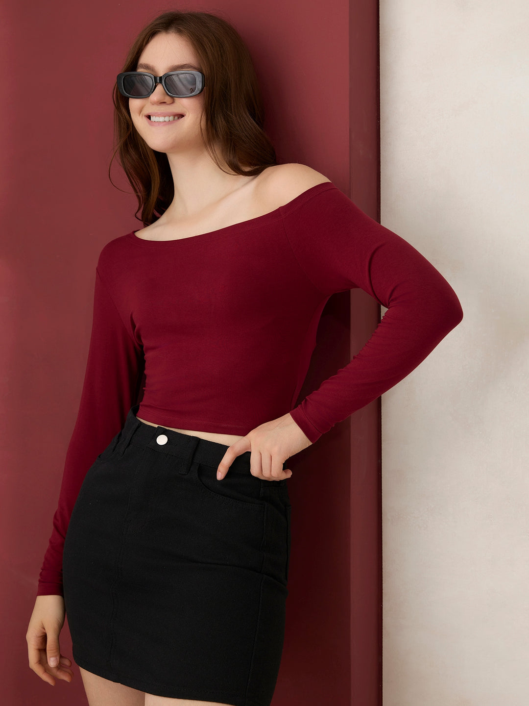 Maroon One Side Off-Shoulder Top