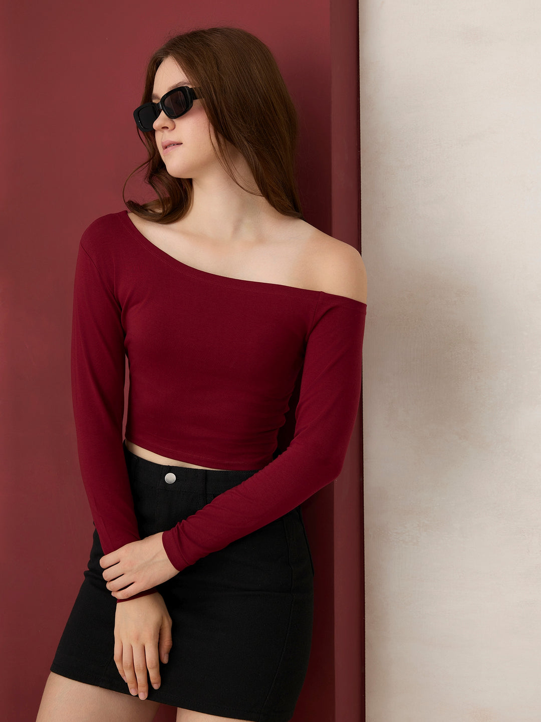 Maroon One Side Off-Shoulder Top