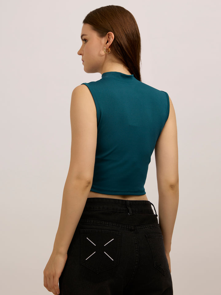 Teal High Neck Side Ruched Top