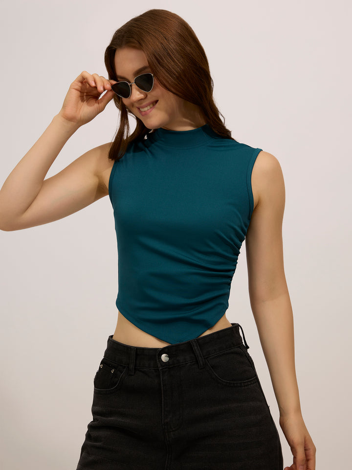 Teal High Neck Side Ruched Top