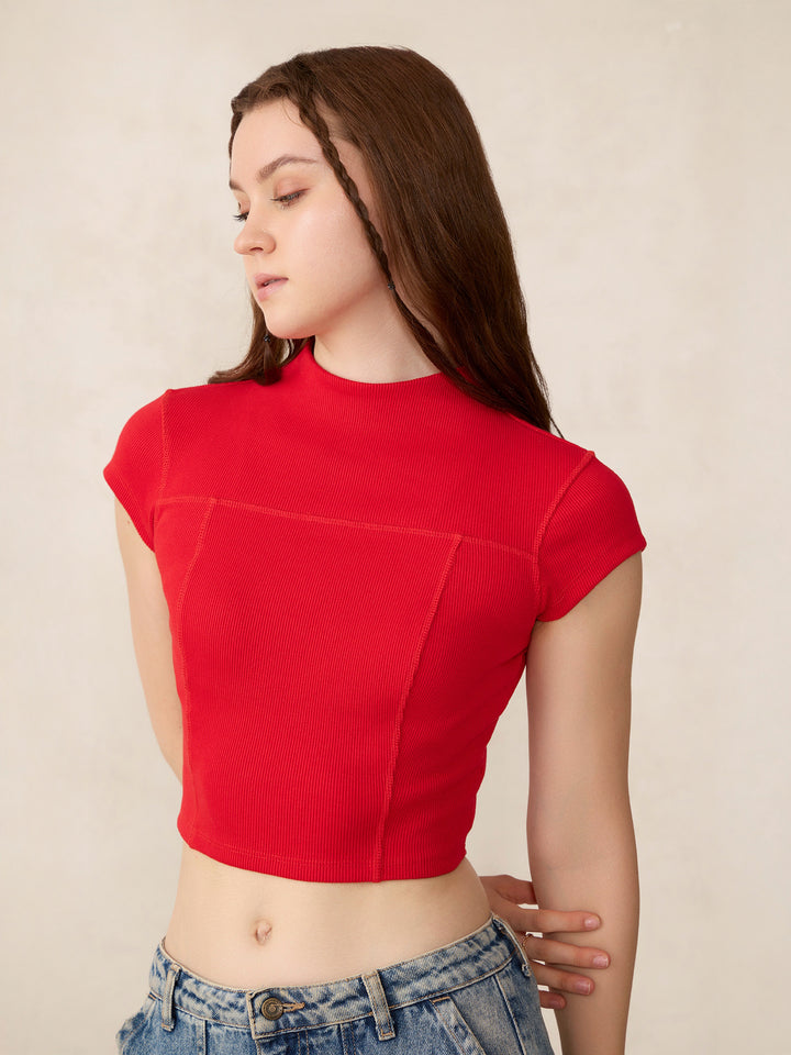 Red Cap Sleeves Fitted Rib Top