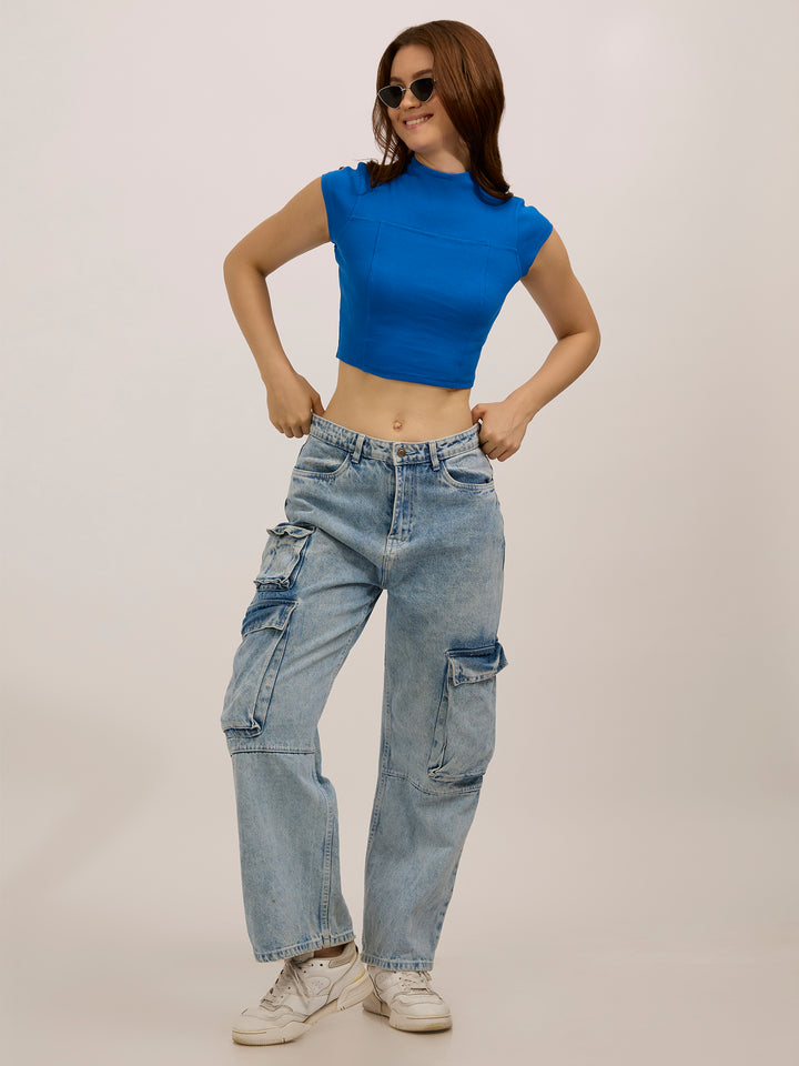 Blue Cap Sleeves Fitted Rib Top