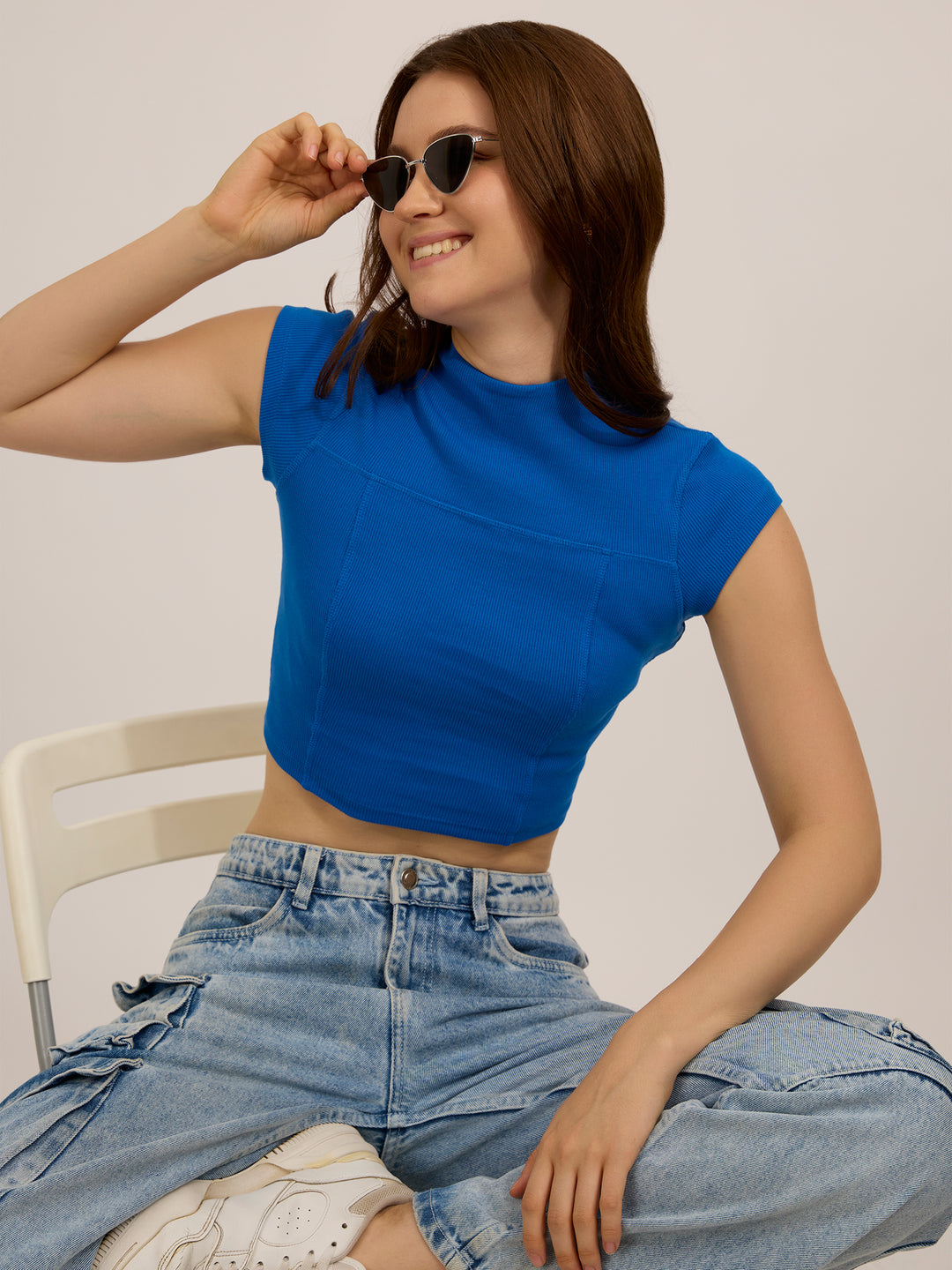 Blue Cap Sleeves Fitted Rib Top
