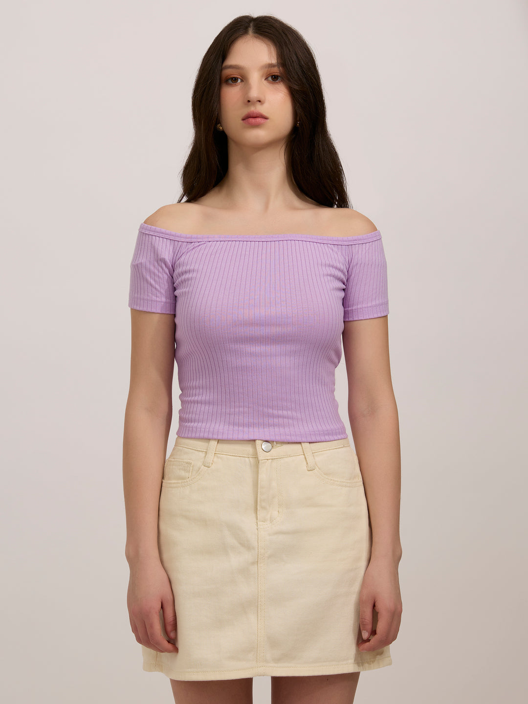 Purple Off-Shoulder Ribbed Top