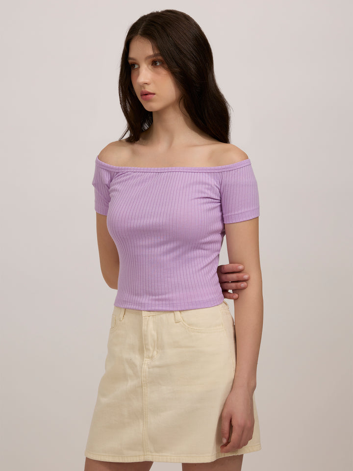 Purple Off-Shoulder Ribbed Top