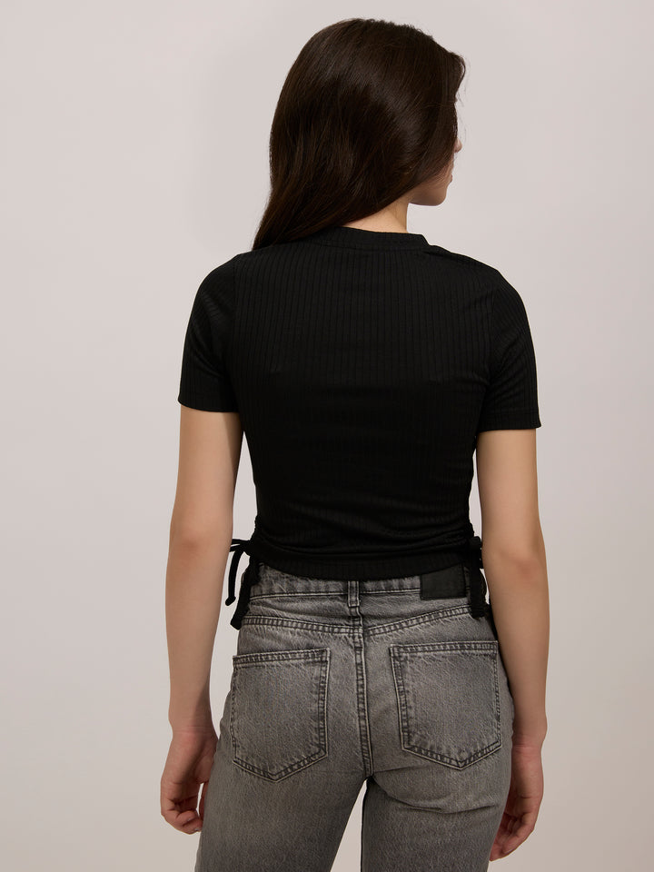 Black Side Tie Up Ruched Top