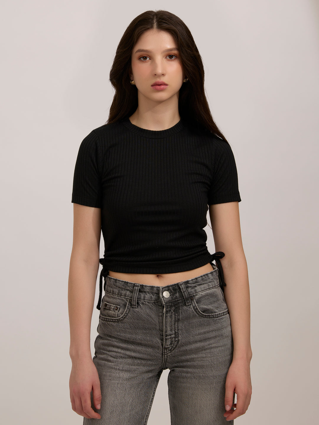 Black Side Tie Up Ruched Top