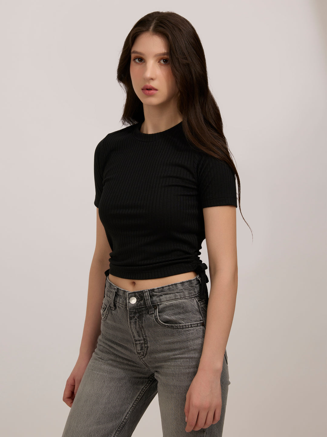 Black Side Tie Up Ruched Top