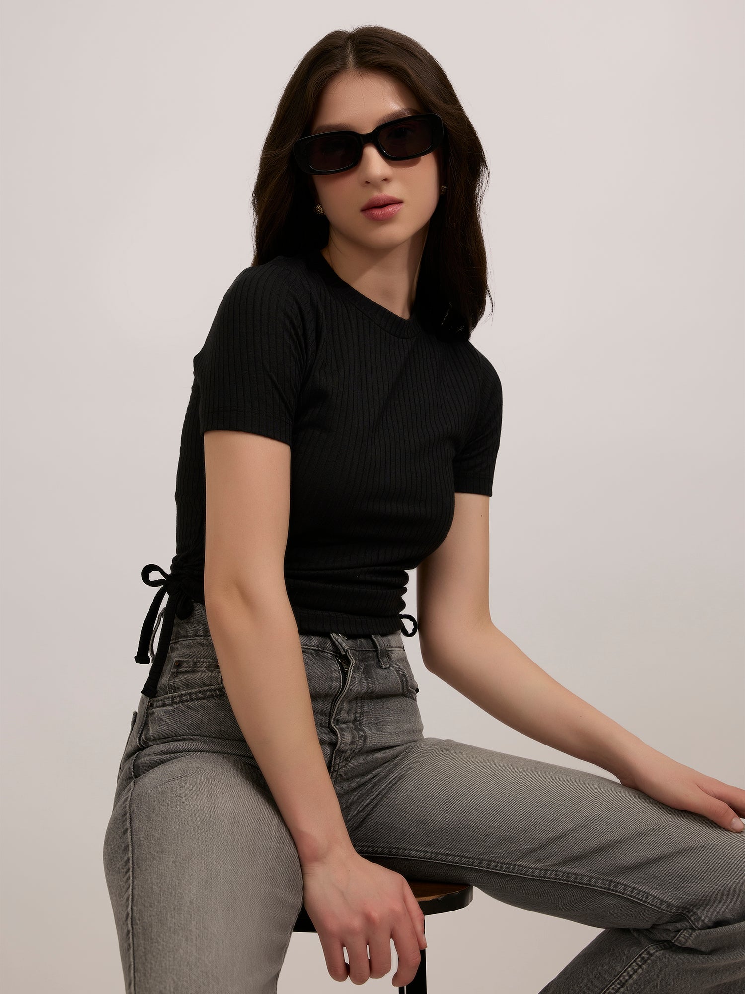 Black Side Tie Up Ruched Top