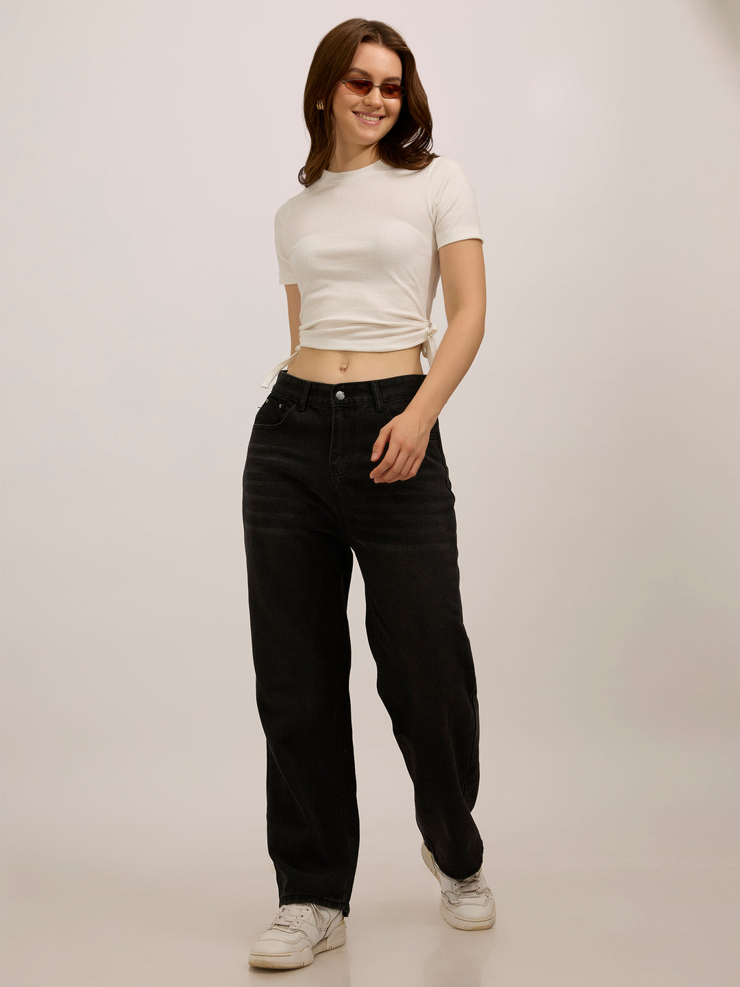 White Side Tie Up Ruched Top