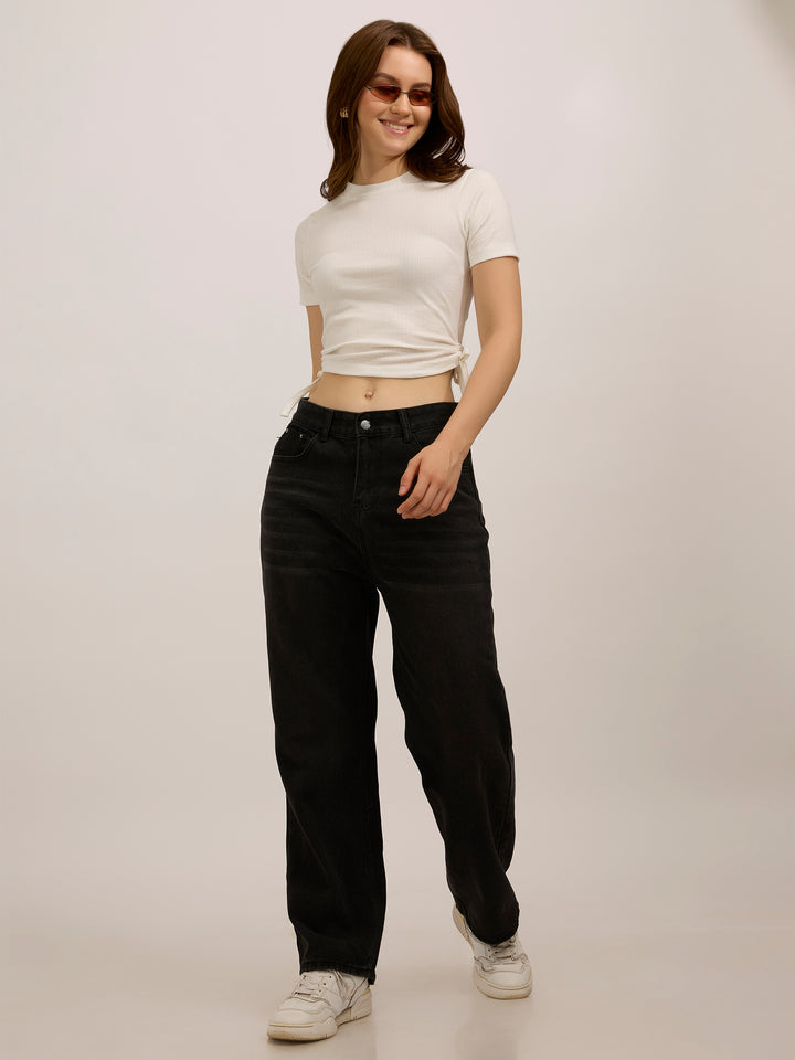 White Side Tie Up Ruched Top