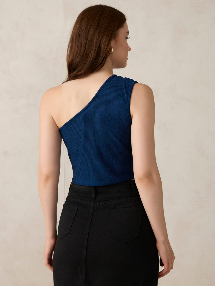 Teal One Shoulder Side Ruched Top