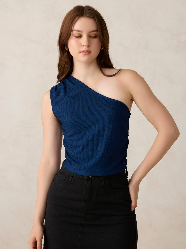 Teal One Shoulder Side Ruched Top