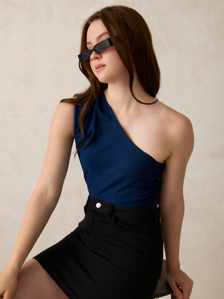 Teal One Shoulder Side Ruched Top