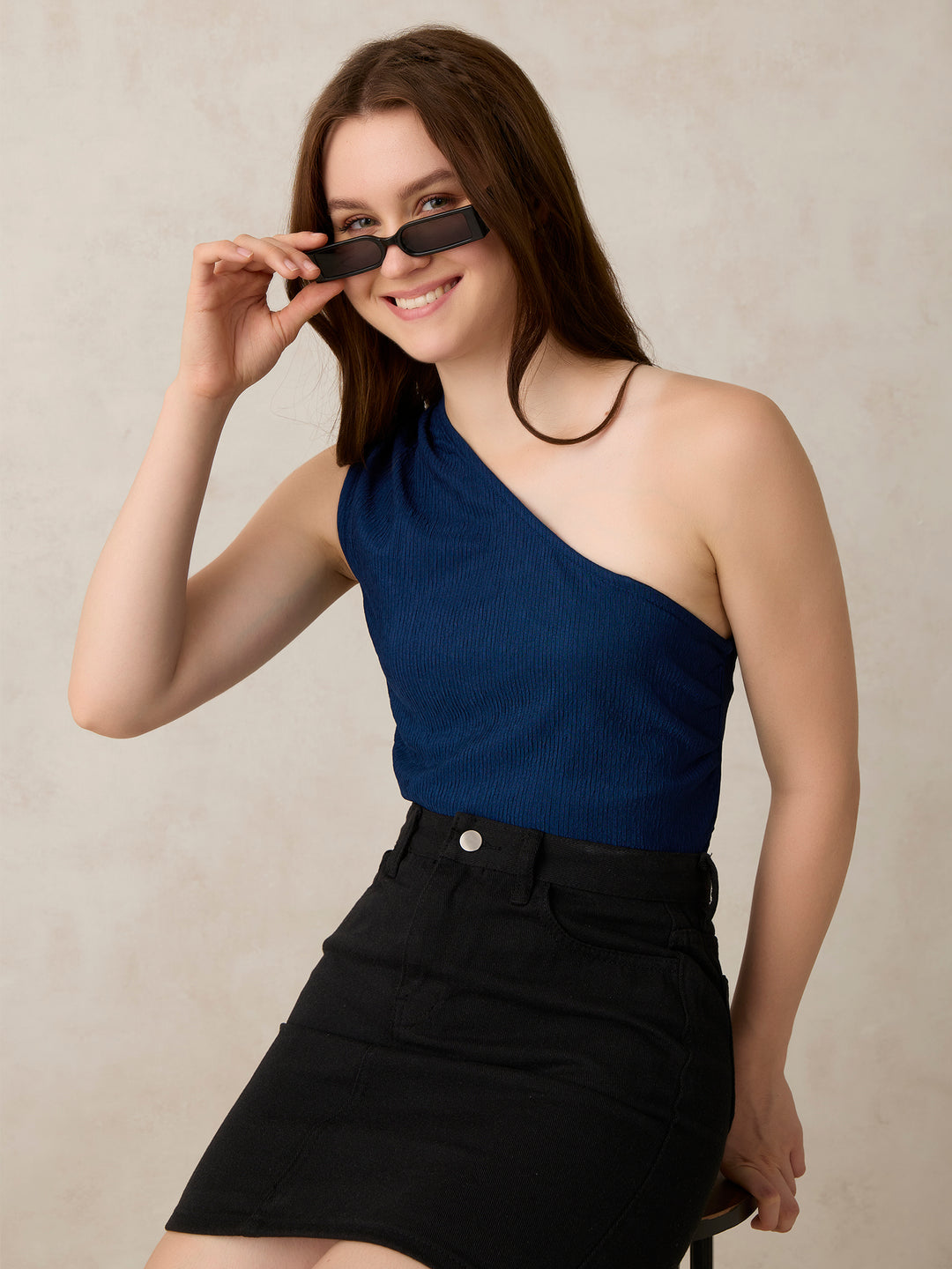 Teal One Shoulder Side Ruched Top