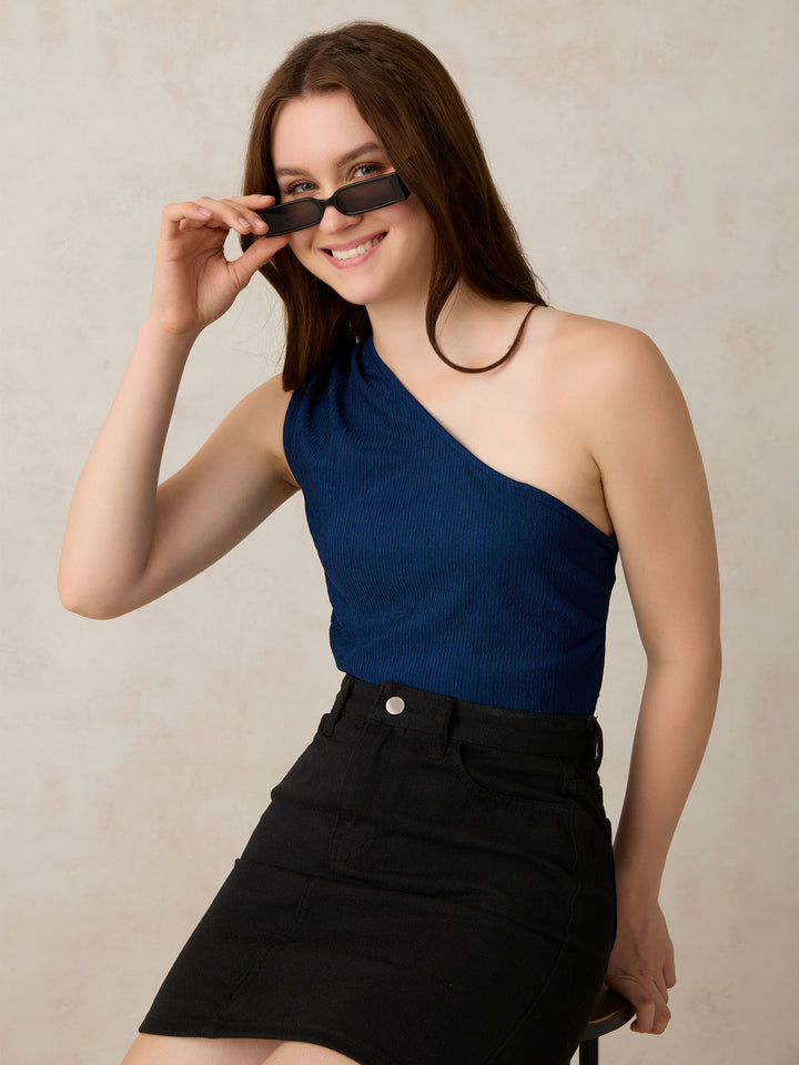 Teal One Shoulder Side Ruched Top