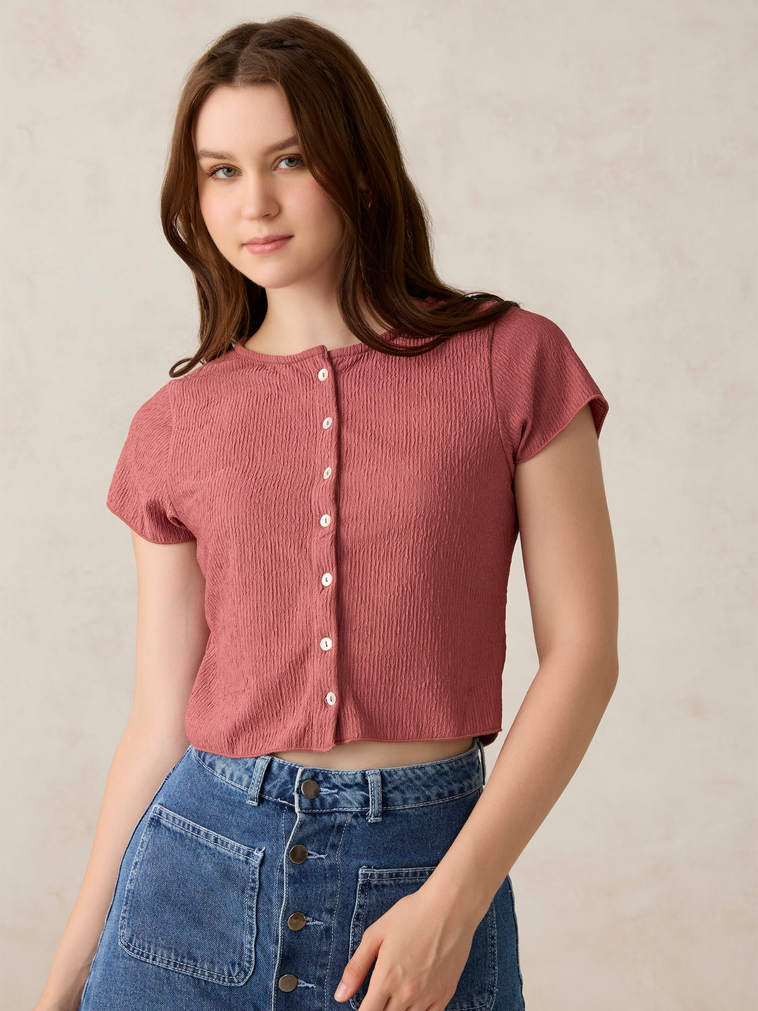 Pink Textured Knit Solid Shirt