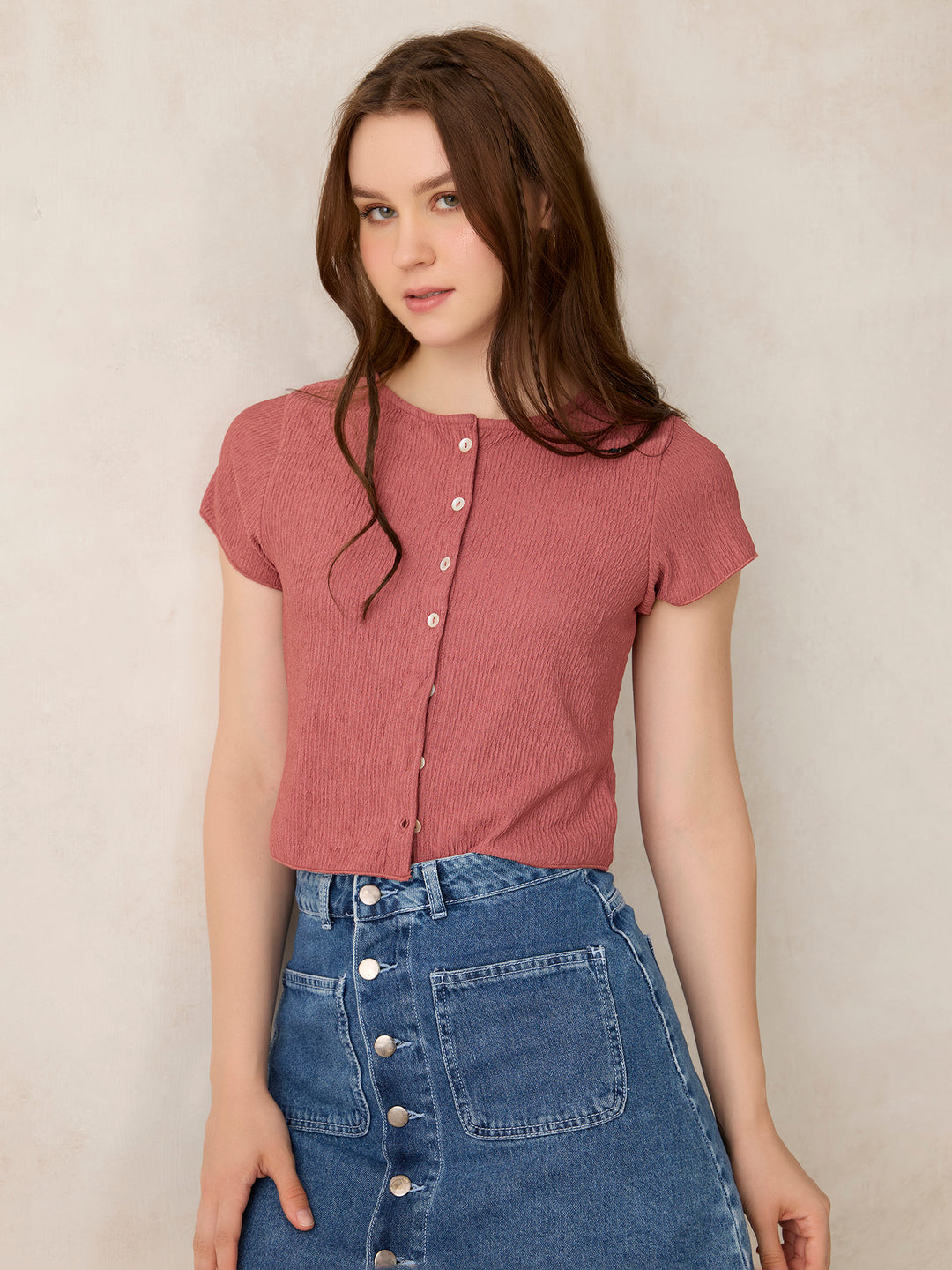Pink Textured Knit Solid Shirt