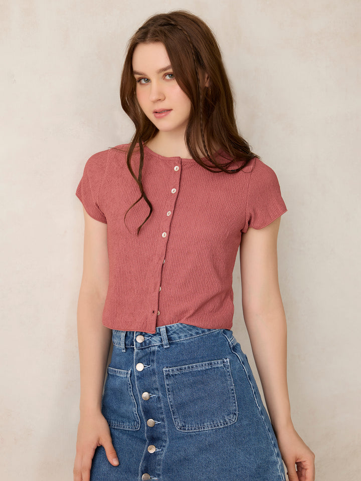 Pink Textured Knit Solid Shirt