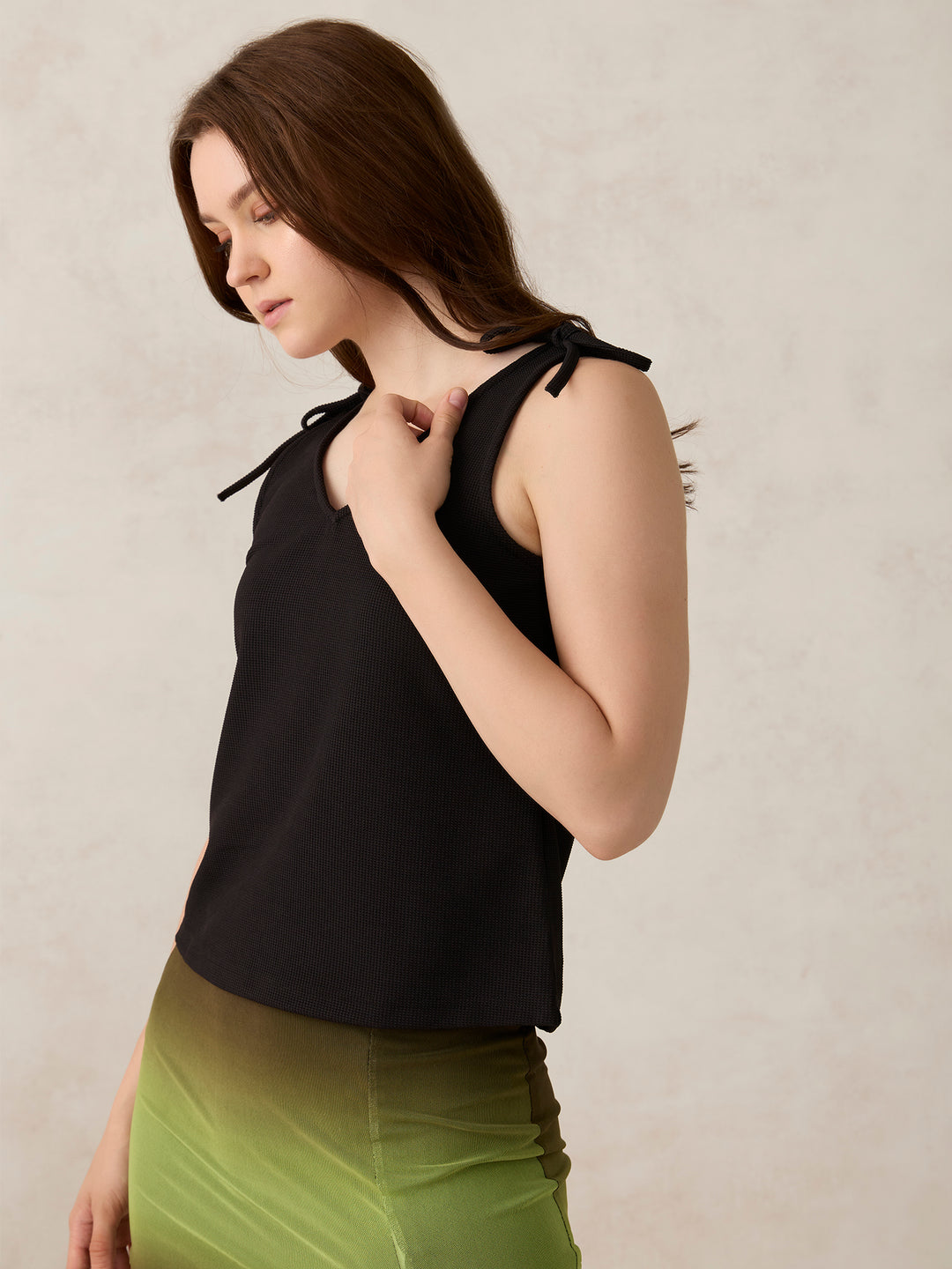 Black V Neck Bow Detailed Top