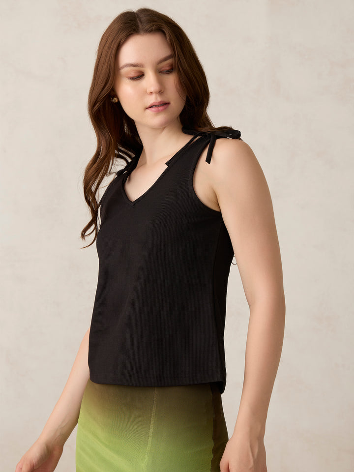 Black V Neck Bow Detailed Top