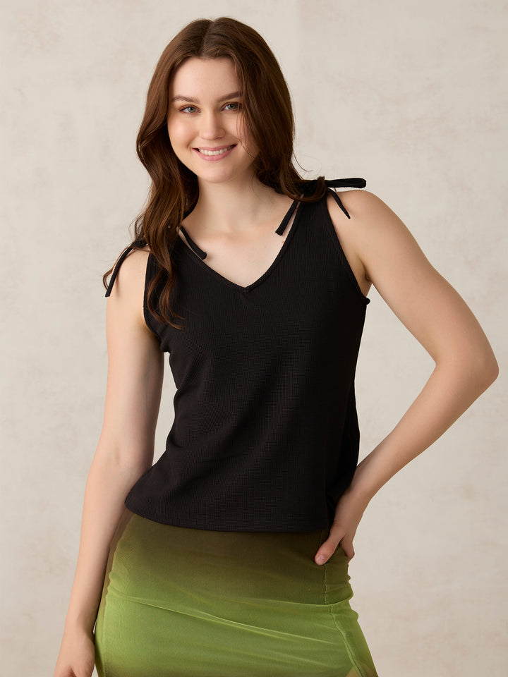 Black V Neck Bow Detailed Top