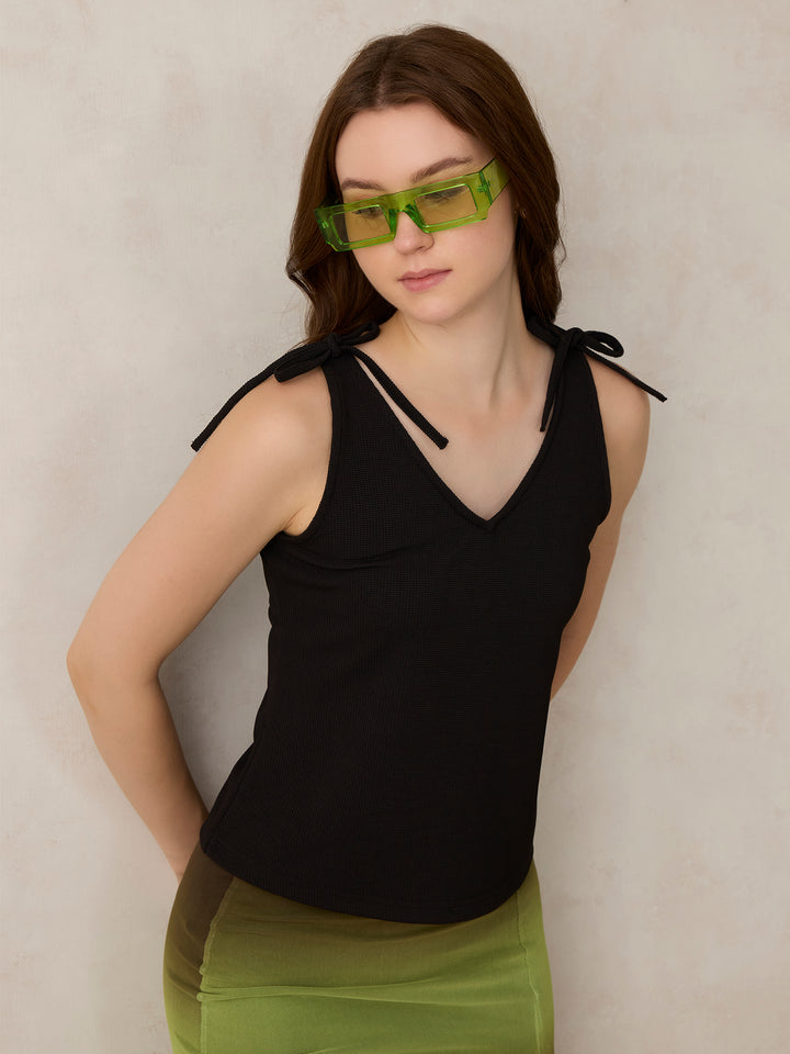 Black V Neck Bow Detailed Top
