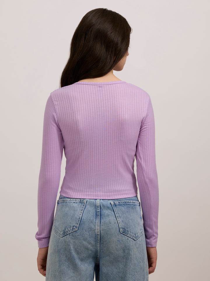 Purple Scoop Neck Button Down Ribbed Top