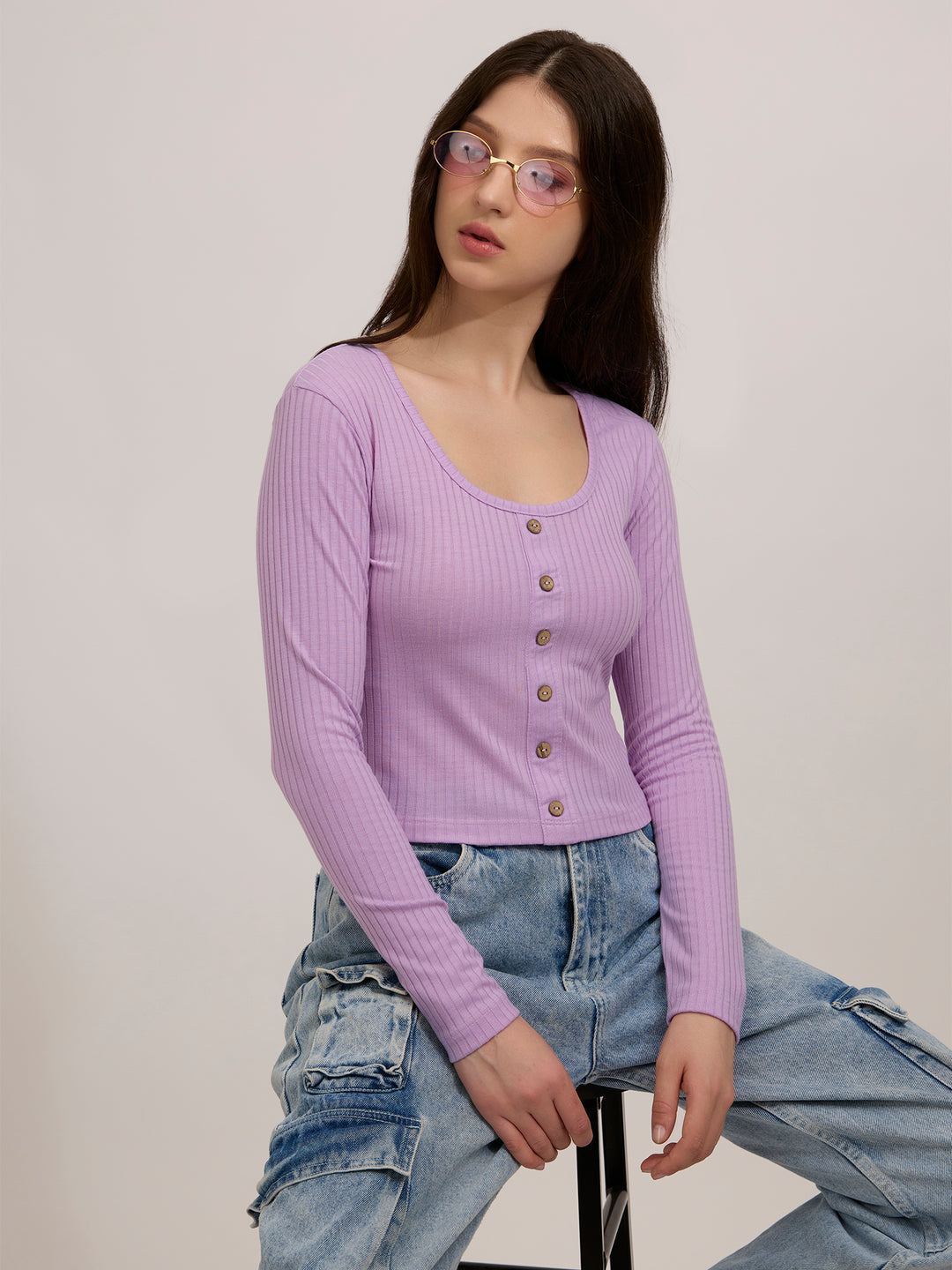 Purple Scoop Neck Button Down Ribbed Top