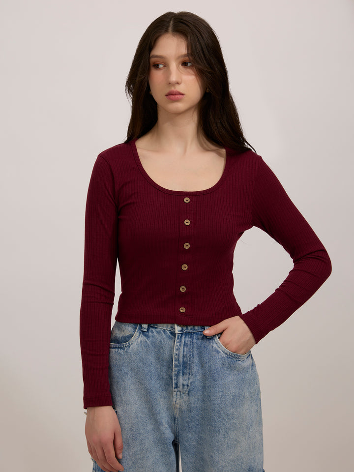 Maroon Scoop Neck Button Down Ribbed Top