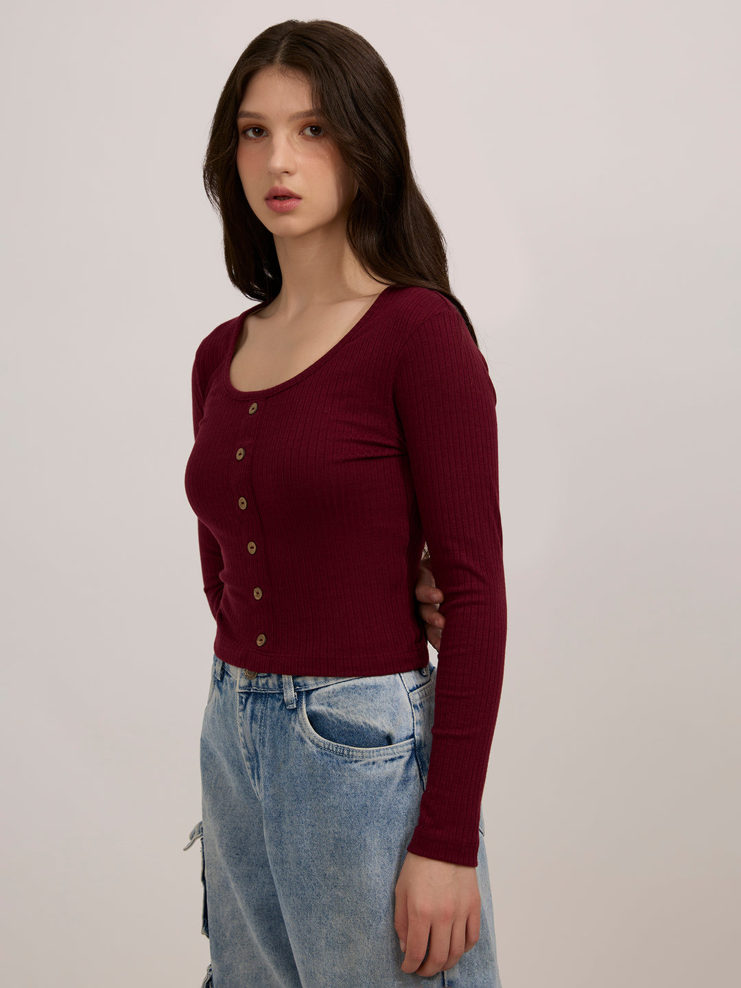 Maroon Scoop Neck Button Down Ribbed Top
