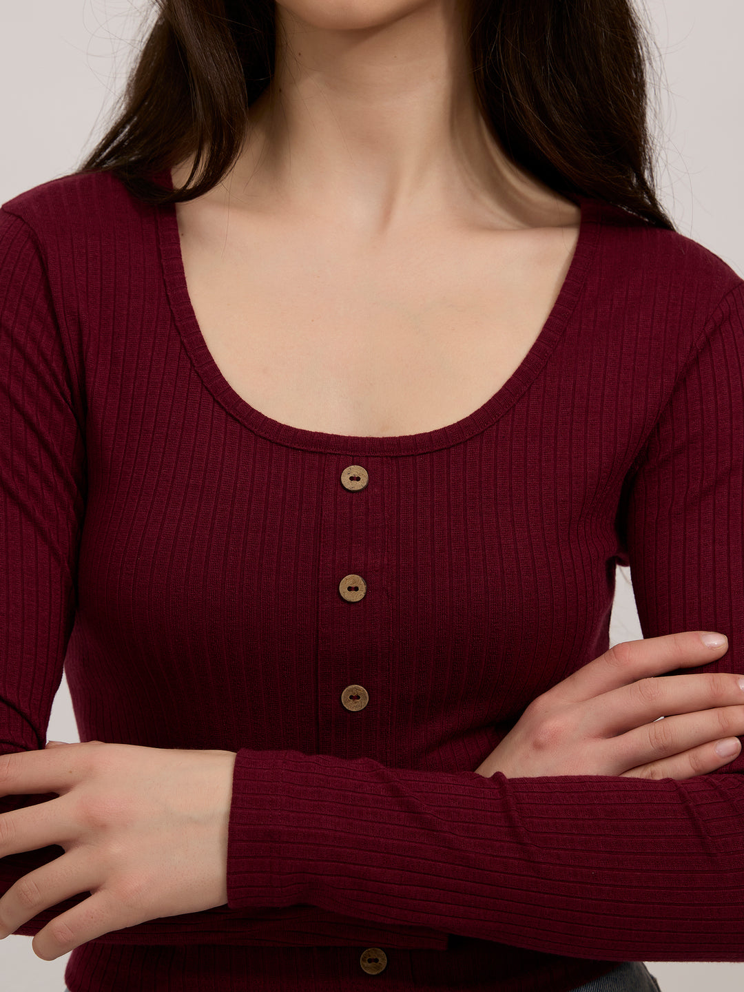 Maroon Scoop Neck Button Down Ribbed Top