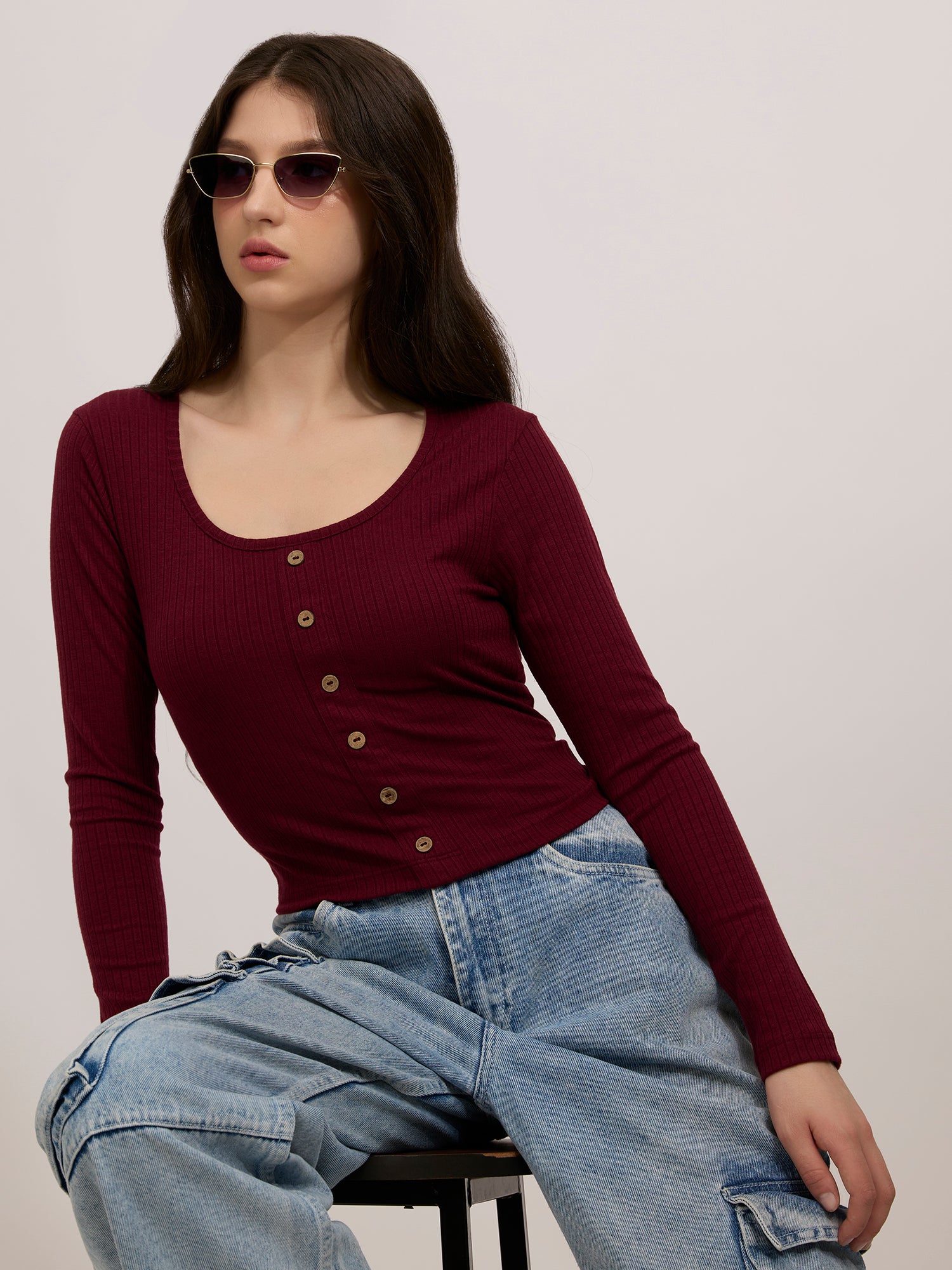 Maroon Scoop Neck Button Down Ribbed Top