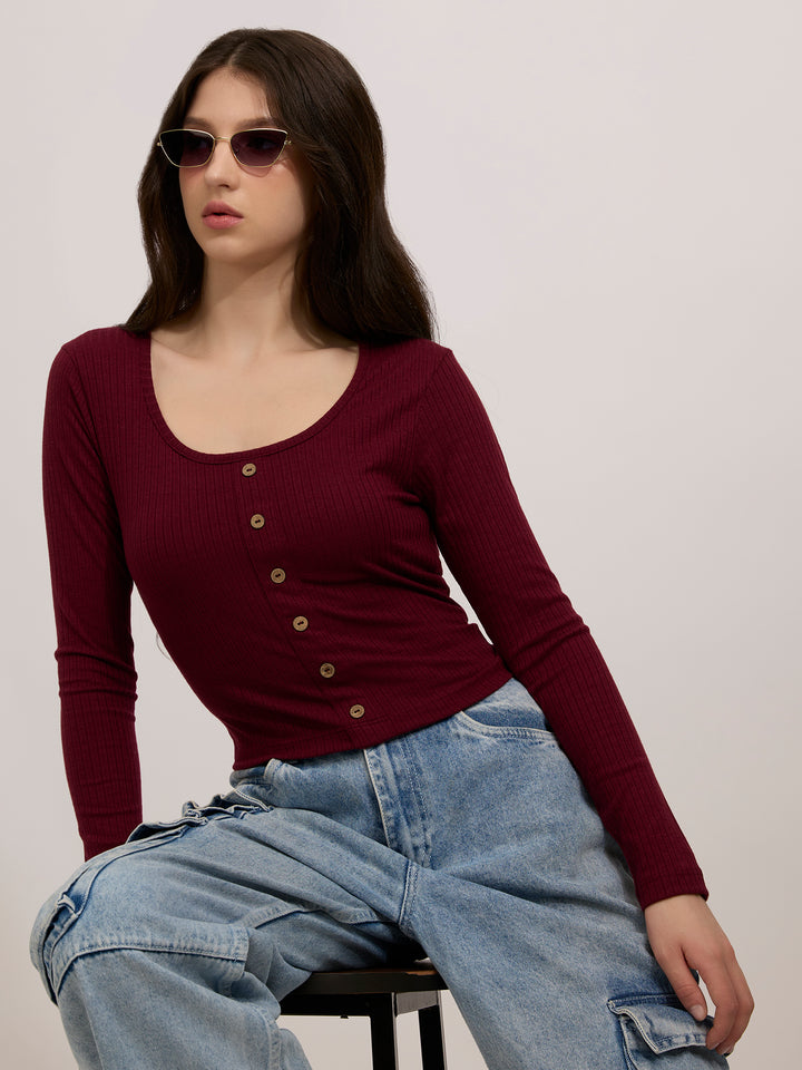 Maroon Scoop Neck Button Down Ribbed Top