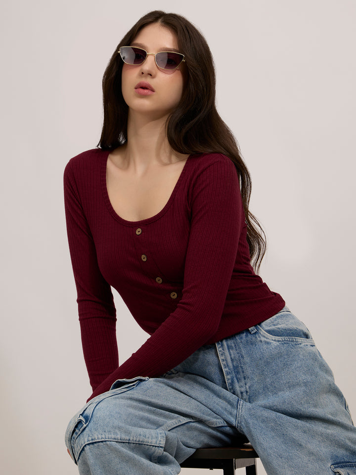 Maroon Scoop Neck Button Down Ribbed Top