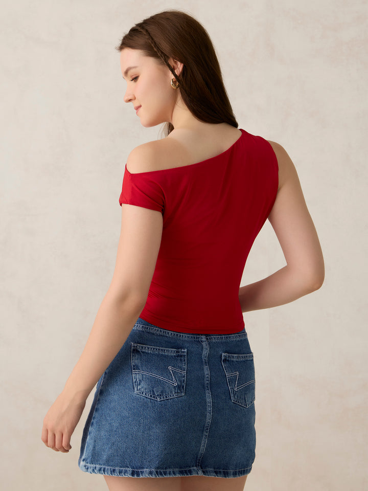 Red Off-Shoulder Solid Knit Top