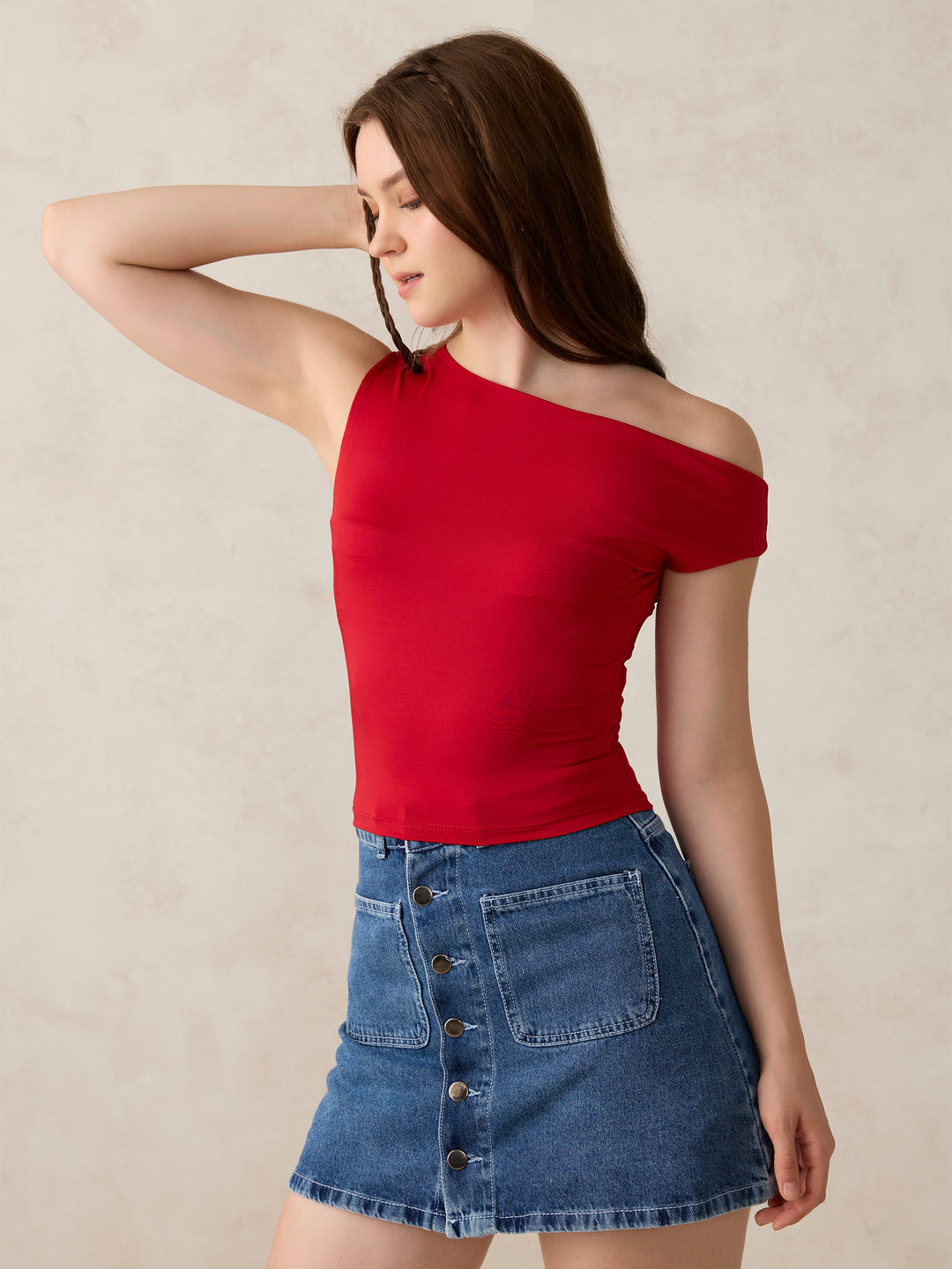 Red Off-Shoulder Solid Knit Top