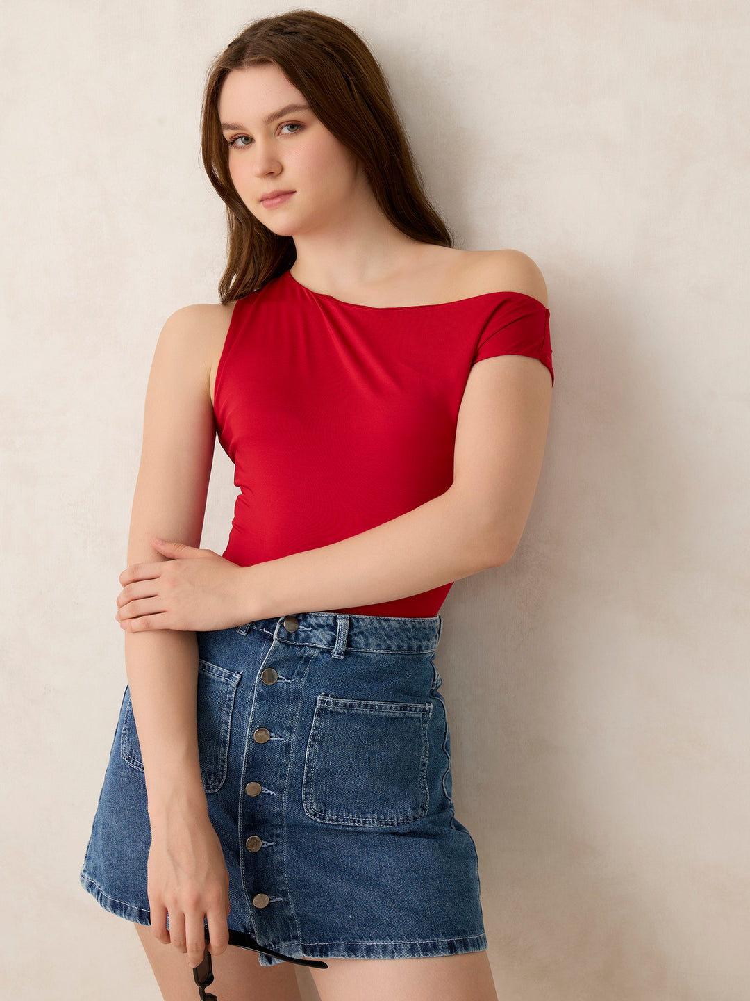 Red Off-Shoulder Solid Knit Top