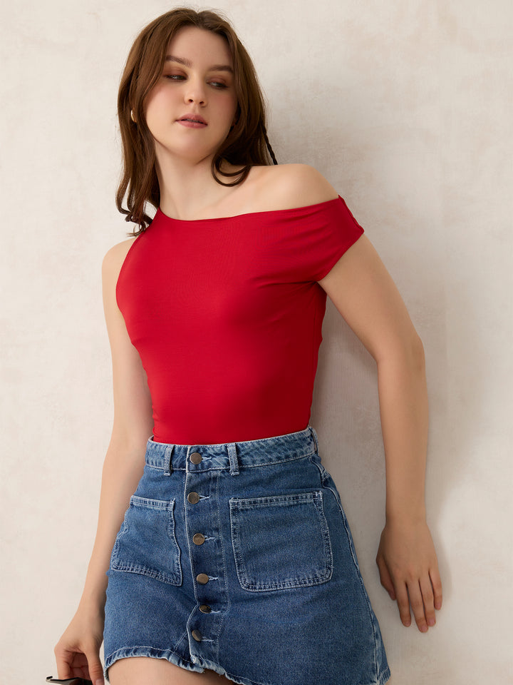 Red Off-Shoulder Solid Knit Top