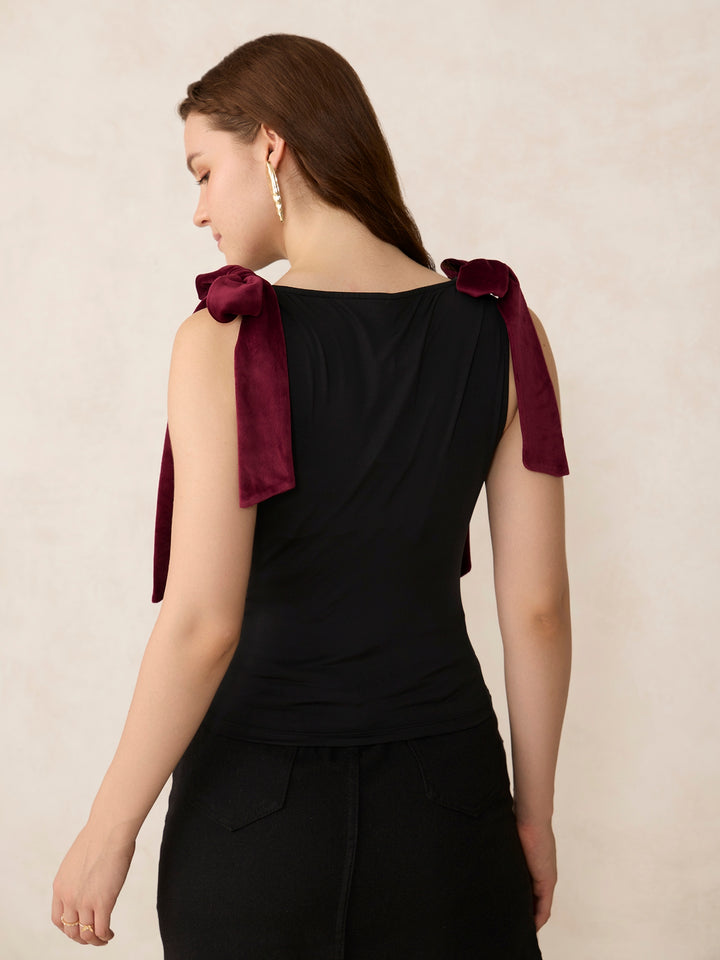 Black Velvet Bow Detail Knit Top