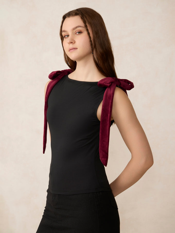 Black Velvet Bow Detail Knit Top