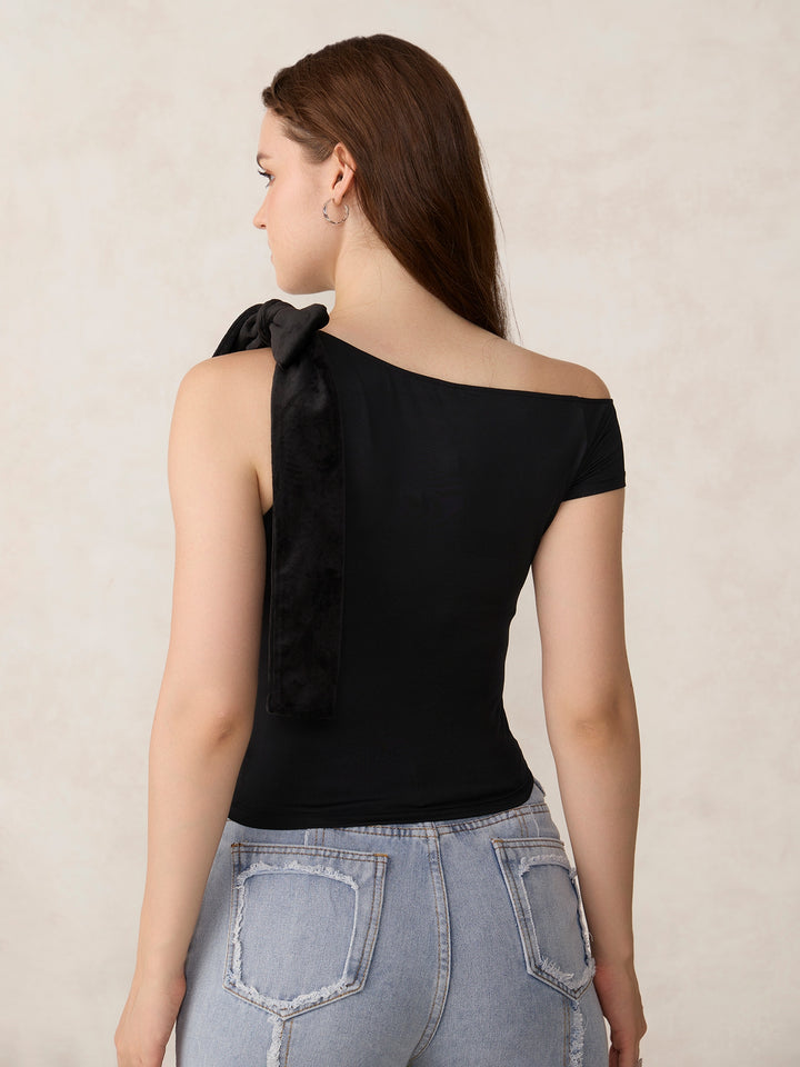 Black Bow Tie Up Knit Top
